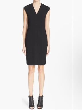 Vince Black Bib Detail V-Neck Sheath Dress Sz 2 Sleeveless Work Cap Sleeve Work